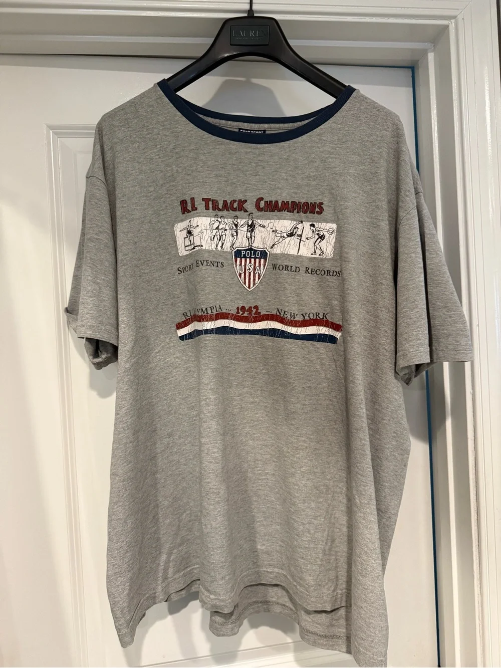 Vintage Polo by Ralph Lauren Grey Olympians Track Champions Tee with Navy Trim